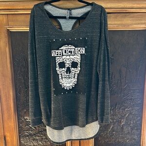 Affliction Black and Gray Skull Long Sleeve Tee